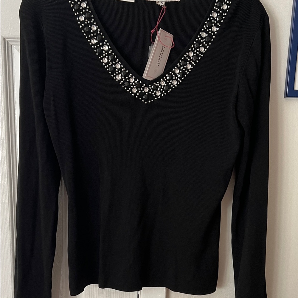 Lou Lou Ann  Black Beaded V-Neck Long Sleeve Top NWT